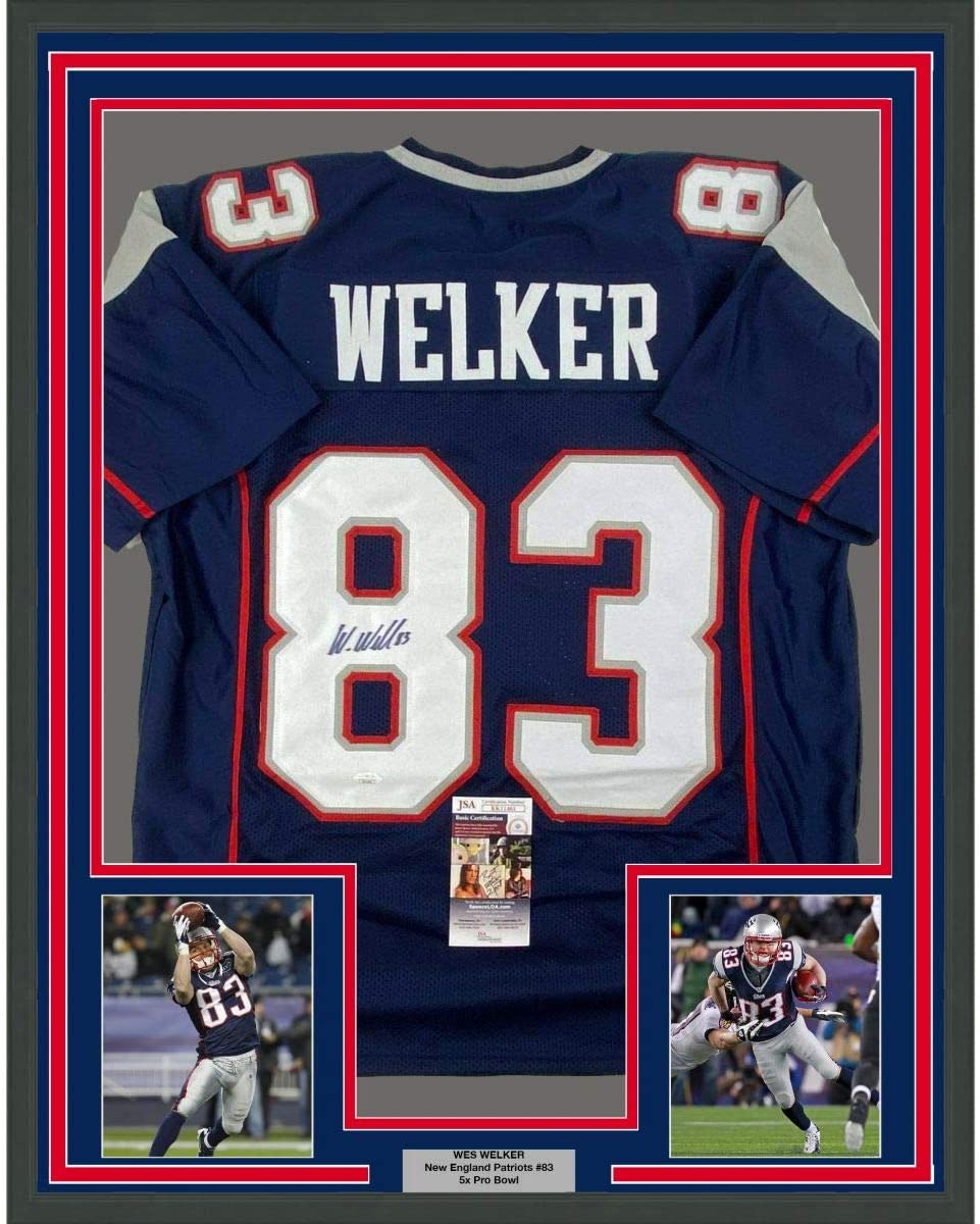 Framed Autographed/Signed Wes Welker 35x39 New England Blue Football Jersey JSA COA