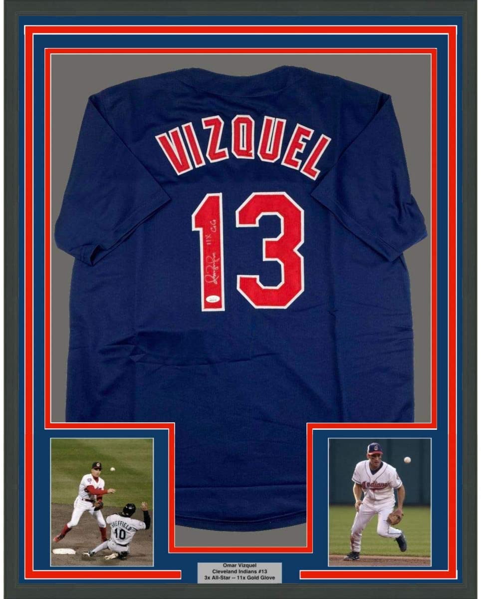 Framed Autographed/Signed Omar Vizquel 11x GG 35x39 Cleveland Blue Baseball Jersey JSA COA