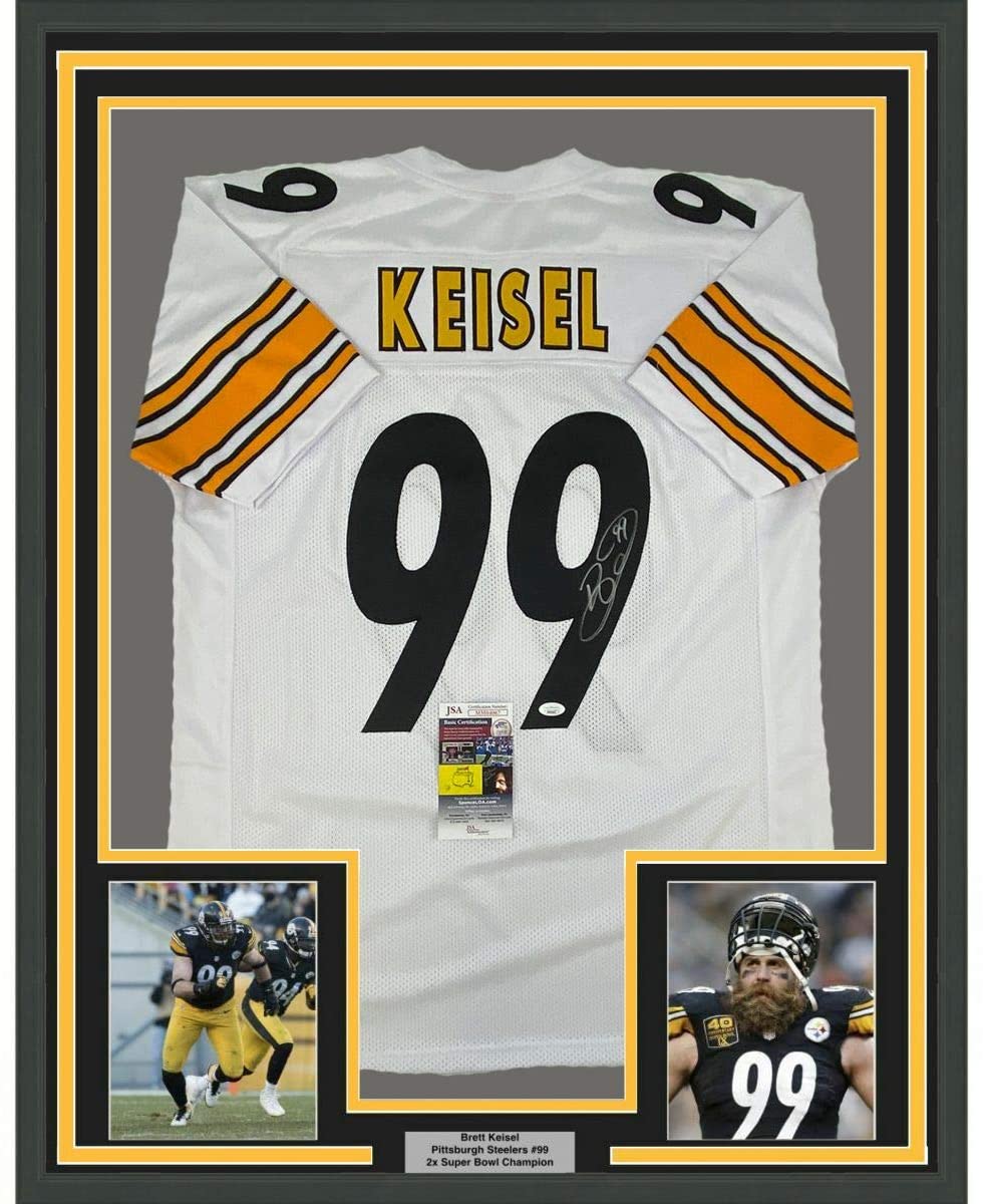 Framed Autographed/Signed Brett Keisel 35x39 Pittsburgh White Football Jersey JSA COA