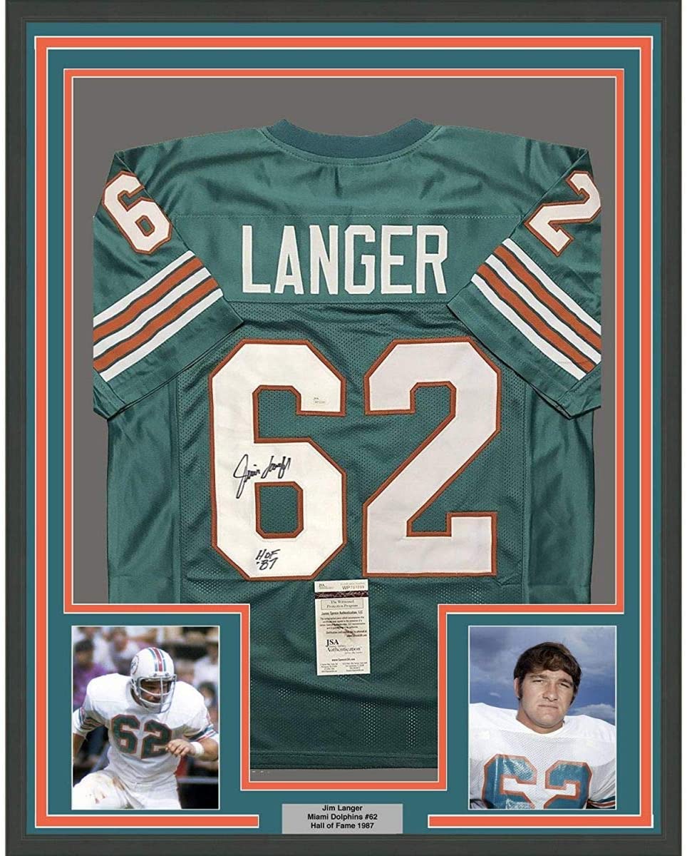 Framed Autographed/Signed Jim Langer HOF 87 35x39 Miami Dolphins Teal Football Jersey JSA COA