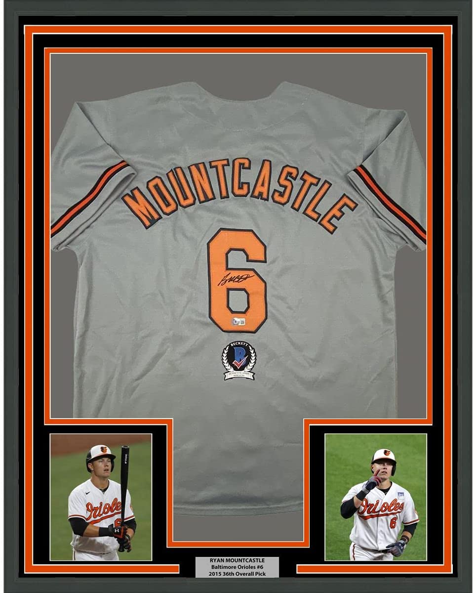Framed Autographed/Signed Ryan Mountcastle 35x39 Baltimore Grey Baseball Jersey Beckett BAS COA