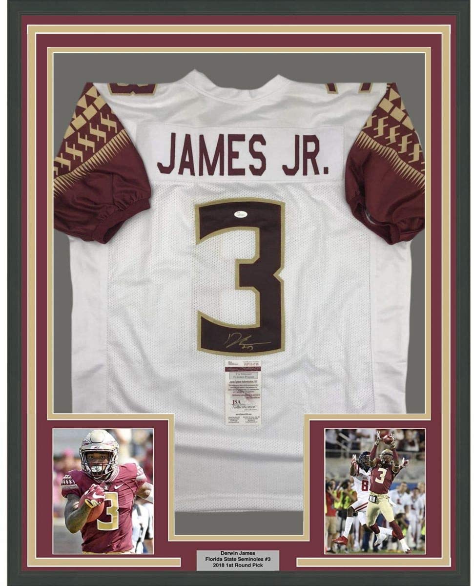 Framed Autographed/Signed Derwin James 35x39 Florida State FSU White College Football Jersey JSA COA