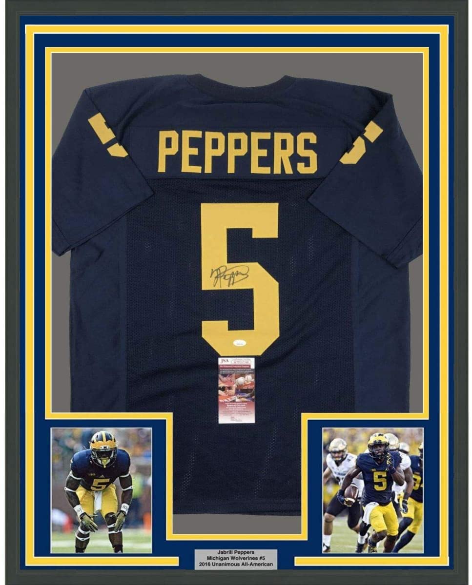 Framed Autographed/Signed Jabrill Peppers 35x39 Michigan Blue College Football Jersey JSA COA