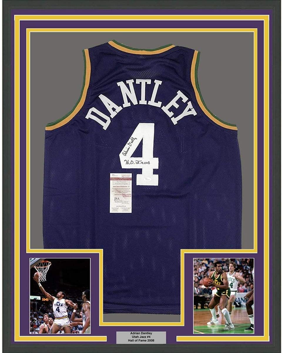 Framed Autographed/Signed Adrian Dantley HOF 2008 35x39 Utah Purple Basketball Jersey JSA COA