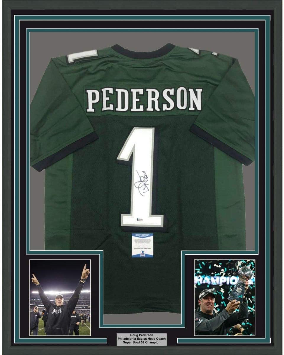 Framed Autographed/Signed Doug Pederson #1 35x39 Philadelphia Green Football Jersey Beckett BAS COA