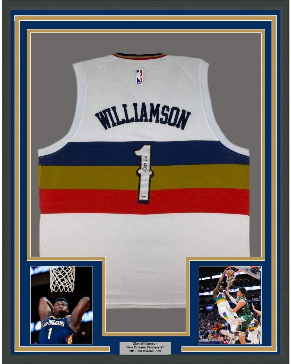 Framed Autographed/Signed Zion Williamson 35x39 New Orleans White Basketball Jersey PSA/DNA COA Holo Only