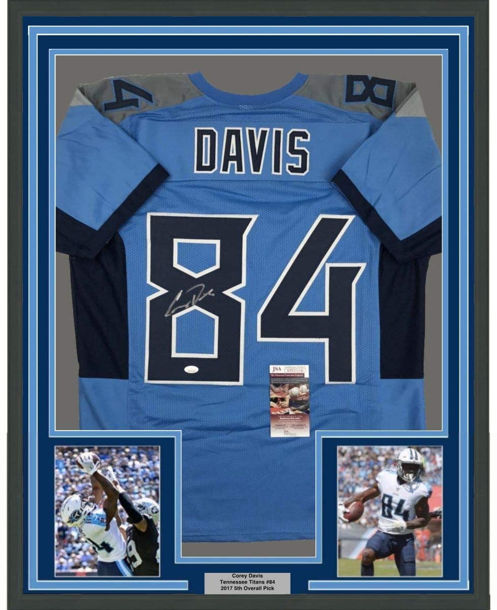 Framed Autographed/Signed Corey Davis 35x39 Tennessee 2018 Powder Blue Football Jersey JSA COA