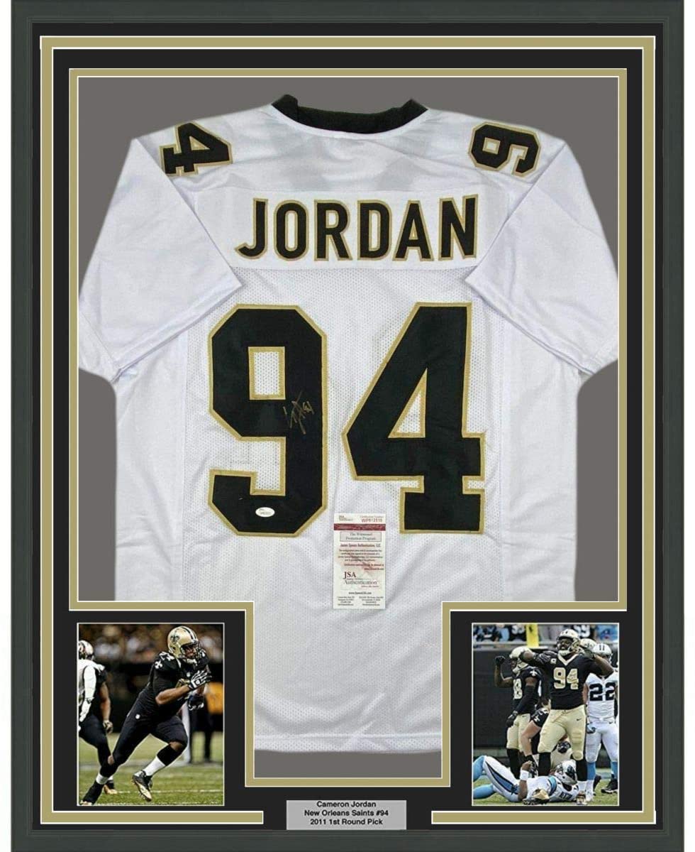 Framed Autographed/Signed Cam Cameron Jordan 35x39 New Orleans White Football Jersey JSA COA