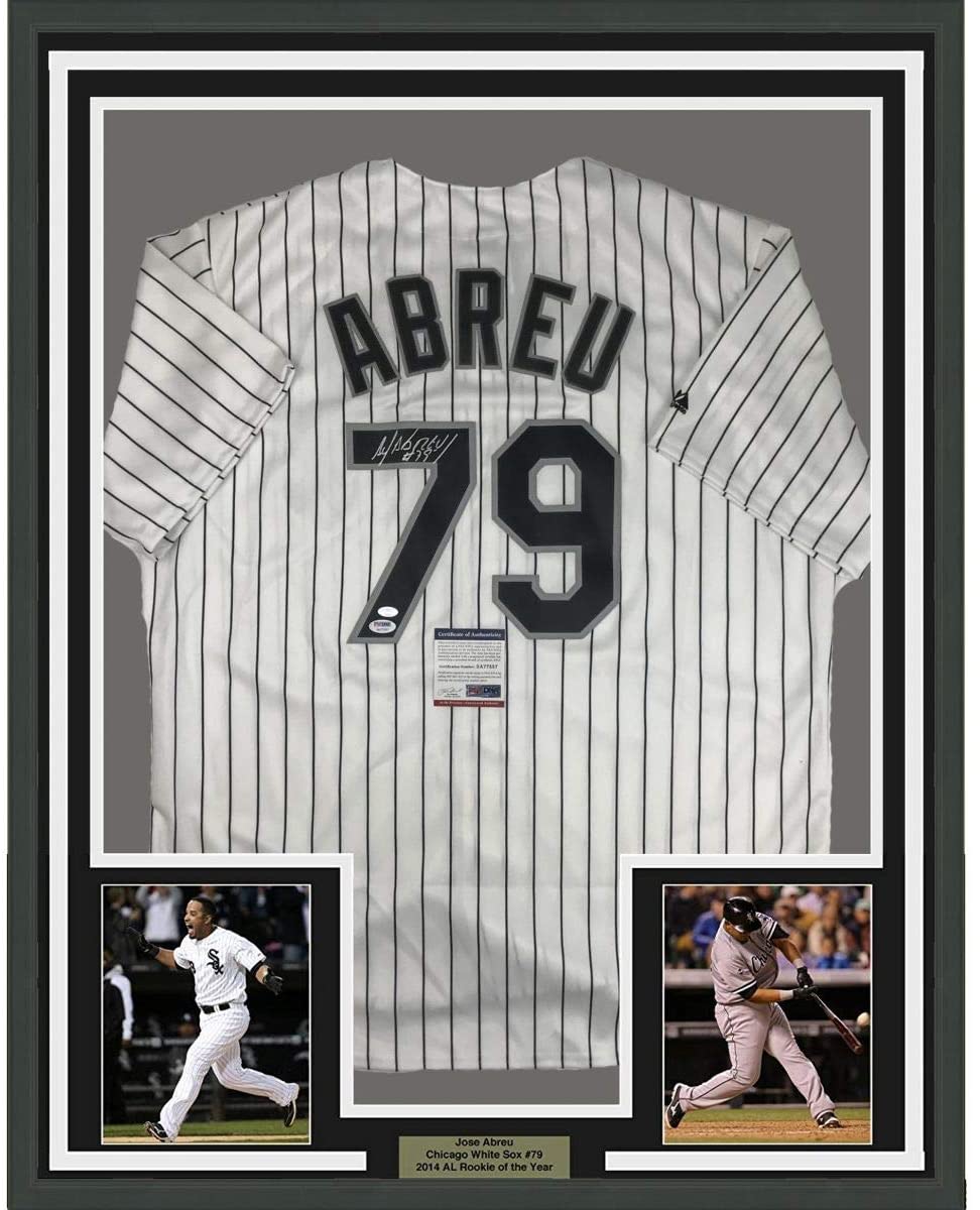 Framed Autographed/Signed Jose Abreu 35x39 Chicago Pinstripe Baseball Jersey PSA/DNA COA