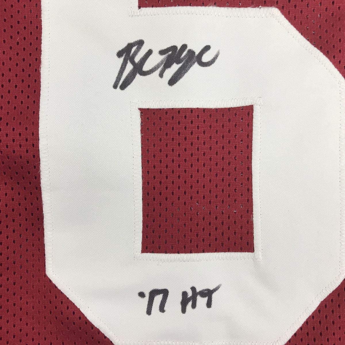 Autographed/Signed Baker Mayfield HT 17 Oklahoma Crimson Football Jersey Beckett BAS COA