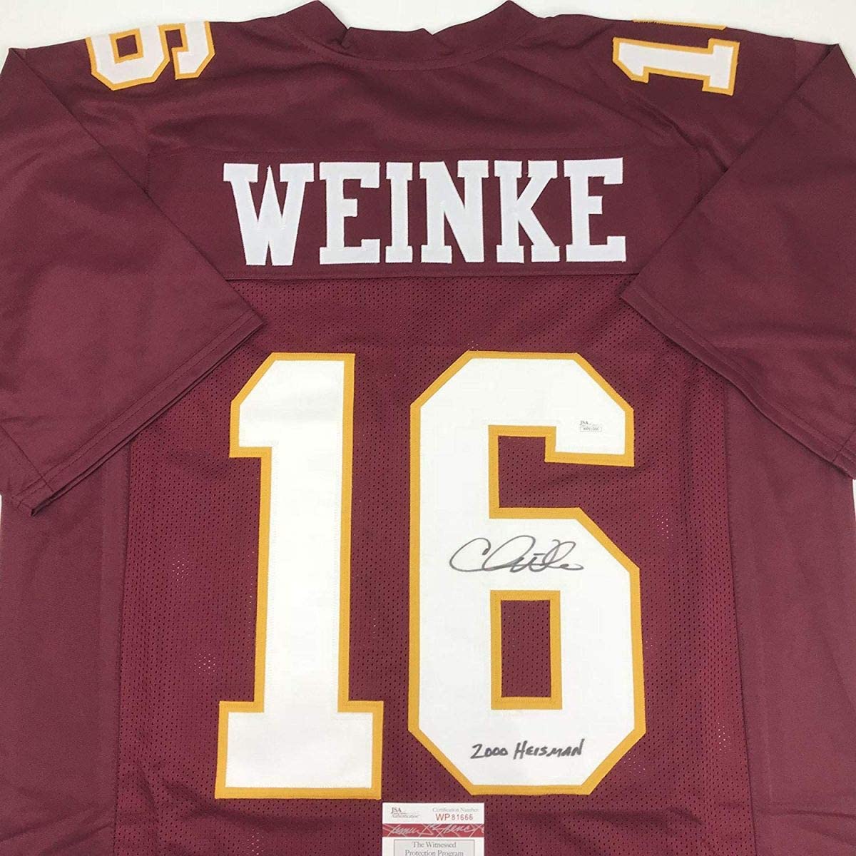 Autographed/Signed Chris Weinke 2000 Heisman Florida State FSU Maroon Football Jersey JSA COA