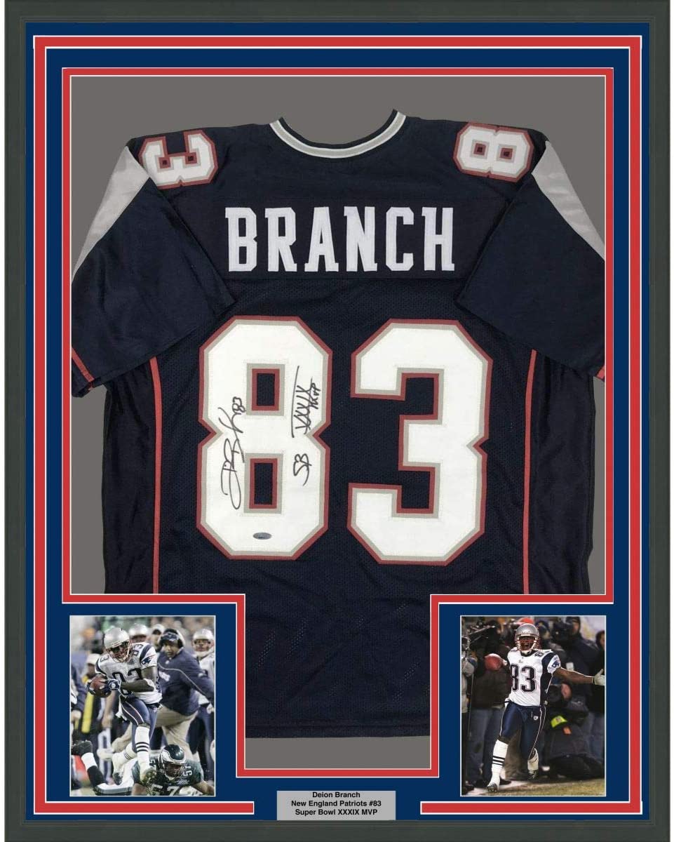 Framed Autographed/Signed Deion Branch 35x39 Super Bowl XXXIX MVP New England Blue Football Jersey Tristar COA