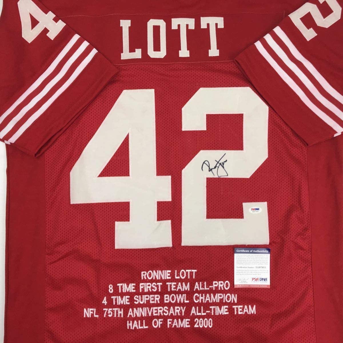 Autographed/Signed Ronnie Lott San Francisco Red Stat Football Jersey PSA/DNA COA