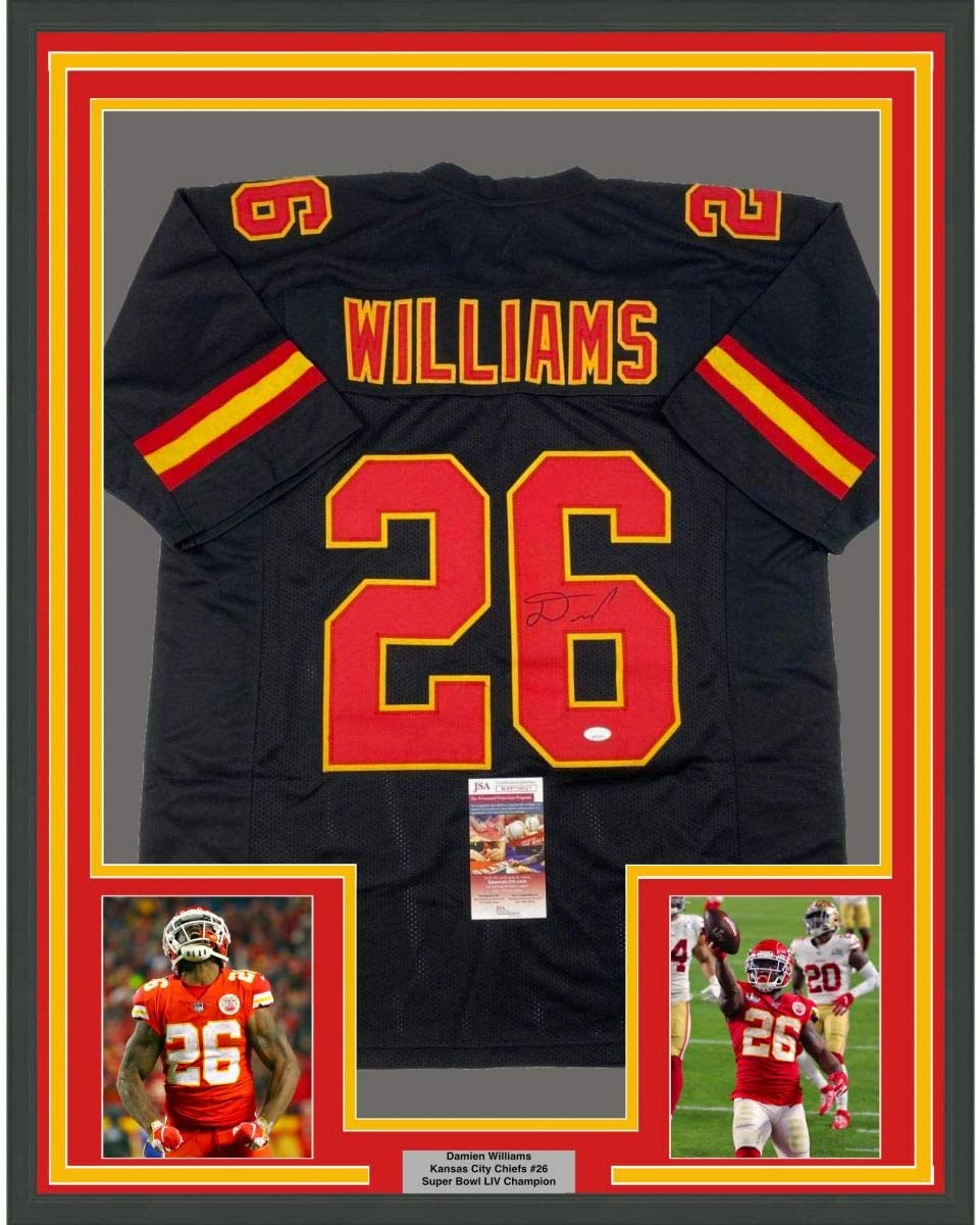 Framed Autographed/Signed Damien Williams 35x39 Kansas City Black Football Jersey JSA COA