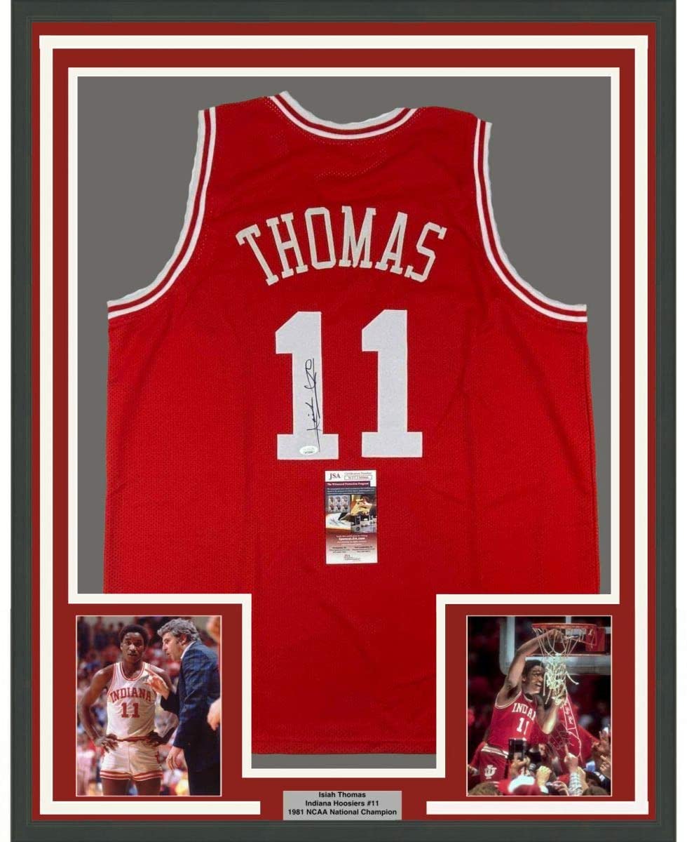 Framed Autographed/Signed Isiah Thomas 35x39 Indiana Red Basketball Jersey JSA COA