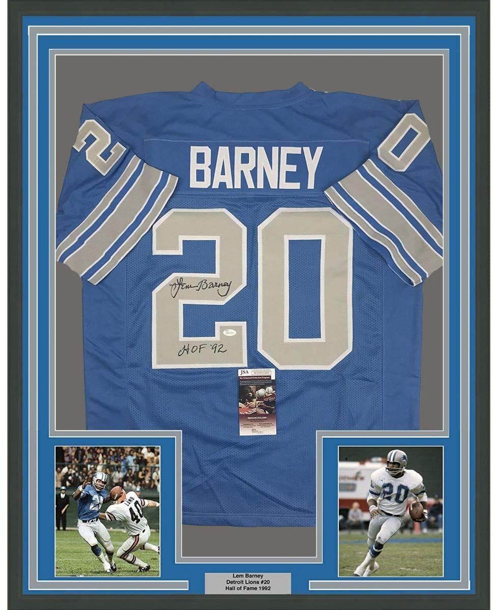 Framed Autographed/Signed Lem Barney HOF 92 35x39 Detroit Blue Football Jersey JSA COA
