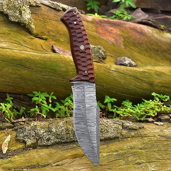 Masterpiece in Steel: 10-inch Damascus Hunting Knife with Rosewood Handle and Leather Sheath - KBS Knives Store