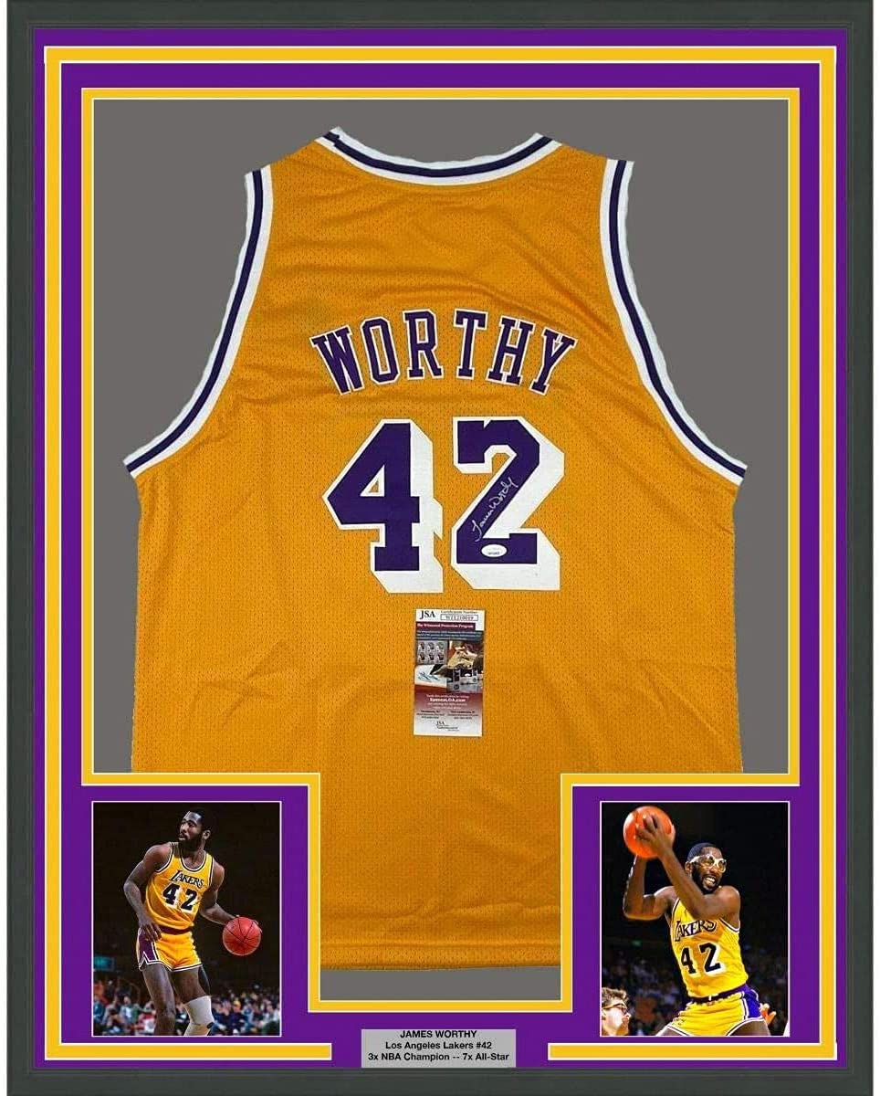 Framed Autographed/Signed James Worthy 35x39 Los Angeles LA Yellow Basketball Jersey JSA COA