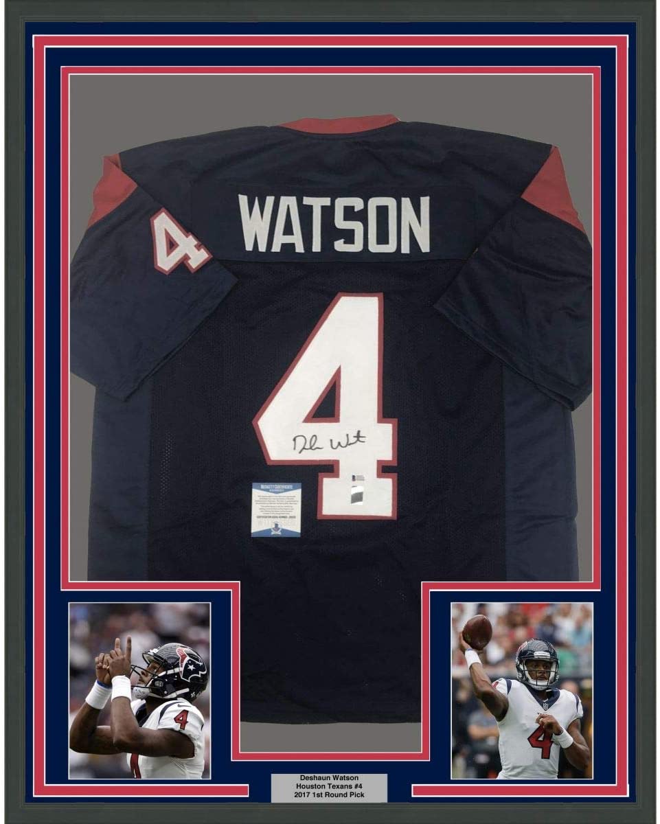 Framed Autographed/Signed Deshaun Watson 35x39 Houston Blue Football Jersey Beckett BAS COA
