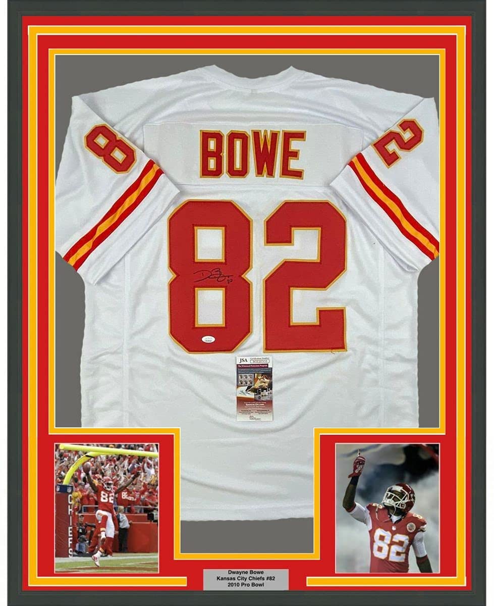 Framed Autographed/Signed Dwayne Bowe 35x39 Kansas City White Football Jersey JSA COA