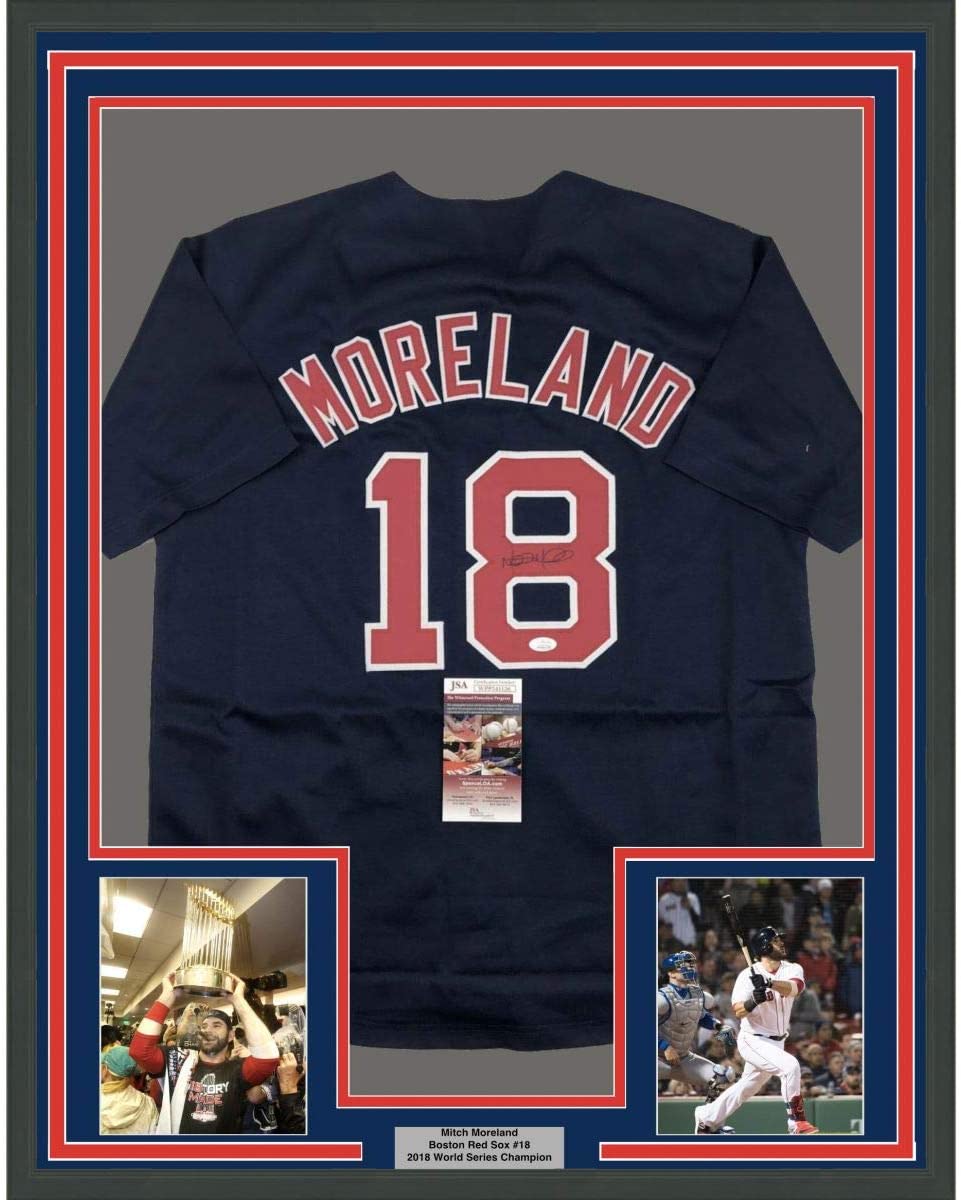 Framed Autographed/Signed Mitch Moreland 35x39 Boston Blue Baseball Jersey JSA COA