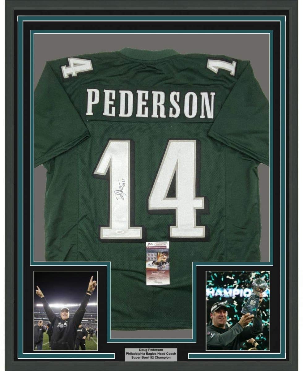 Framed Autographed/Signed Doug Pederson SB LII 35x39 Philadelphia Green Football Jersey JSA COA