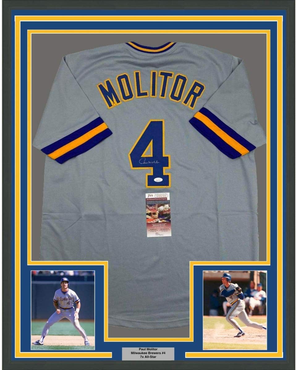 Framed Autographed/Signed Paul Molitor 35x39 Milwaukee Grey Baseball Jersey JSA COA