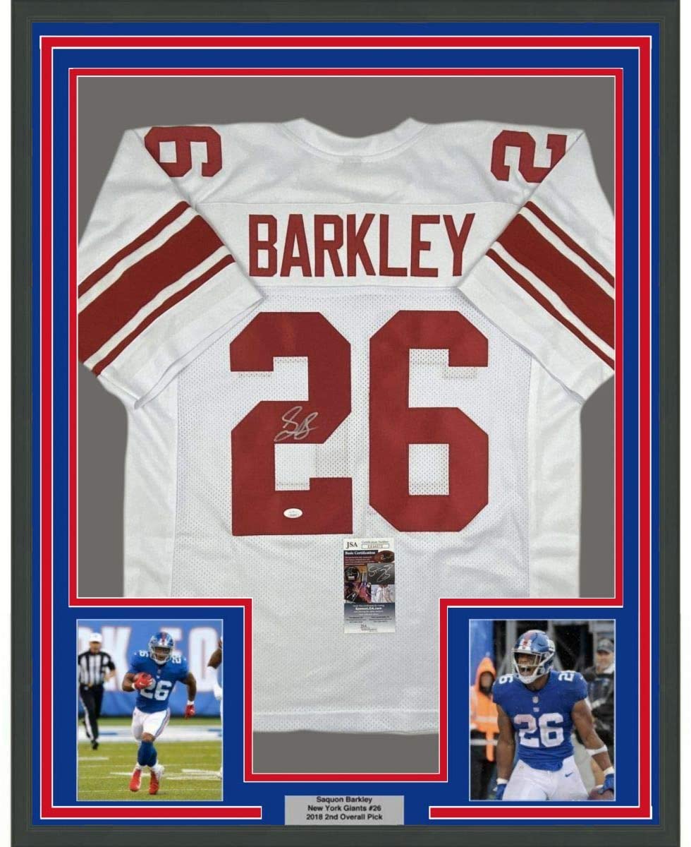 Framed Autographed/Signed Saquon Barkley 35x39 New York White Football Jersey JSA COA