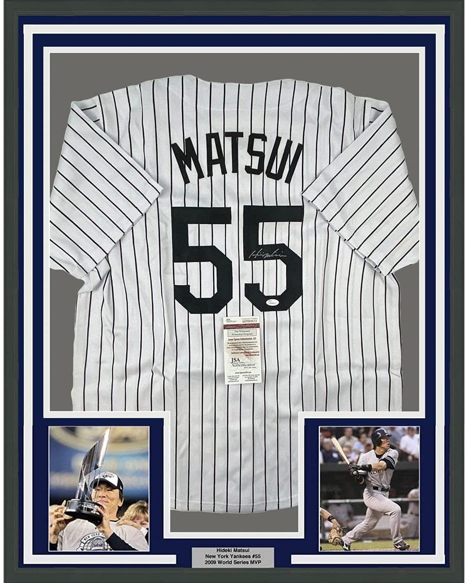 Framed Autographed/Signed Hideki Matsui 35x39 New York Pinstripe Baseball Jersey JSA COA