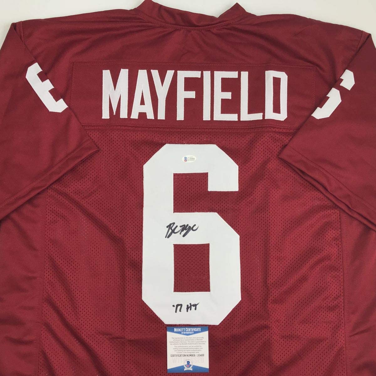 Autographed/Signed Baker Mayfield HT 17 Oklahoma Crimson Football Jersey Beckett BAS COA