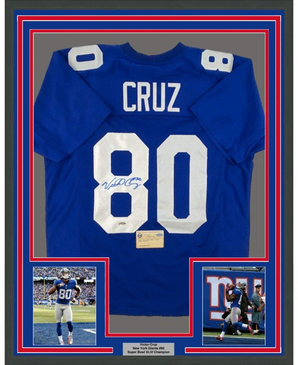Framed Autographed/Signed Victor Cruz 35x39 New York Blue Football Jersey Steiner Sports COA