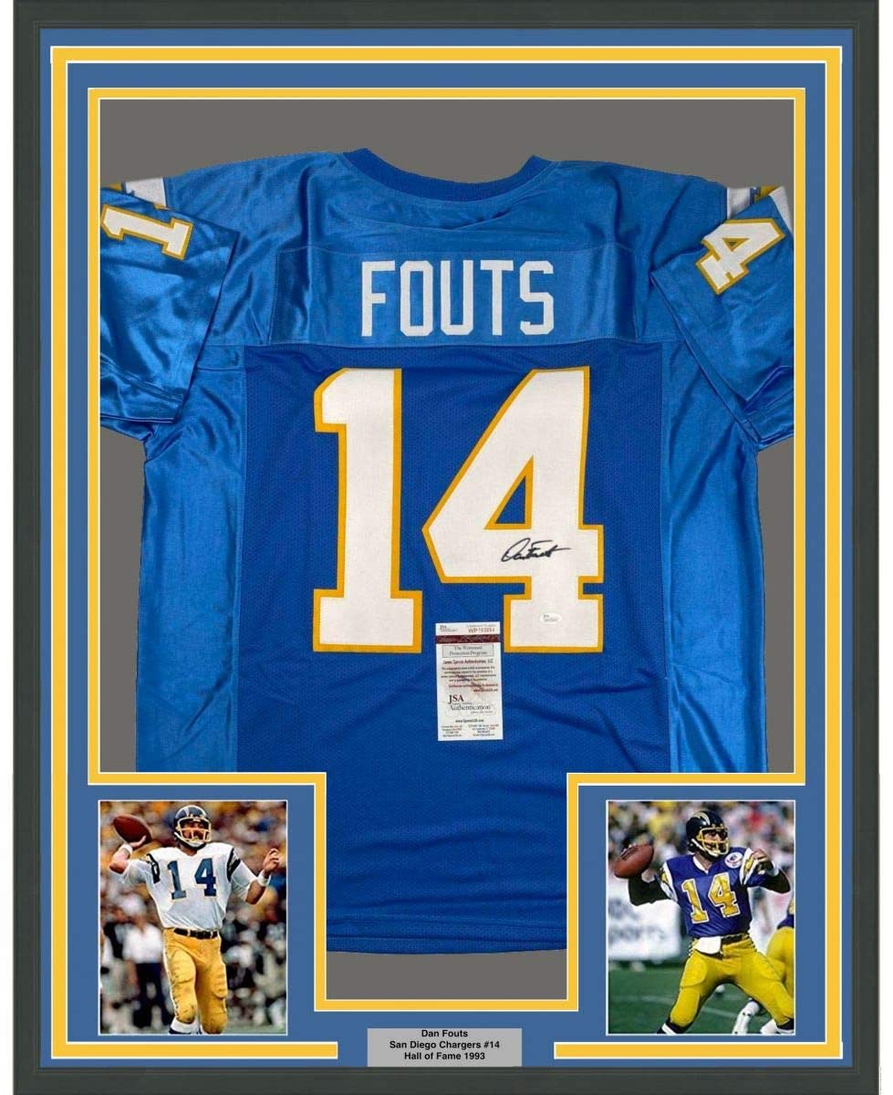 Framed Autographed/Signed Dan Fouts 35x39 San Diego Powder Blue Football Jersey JSA COA