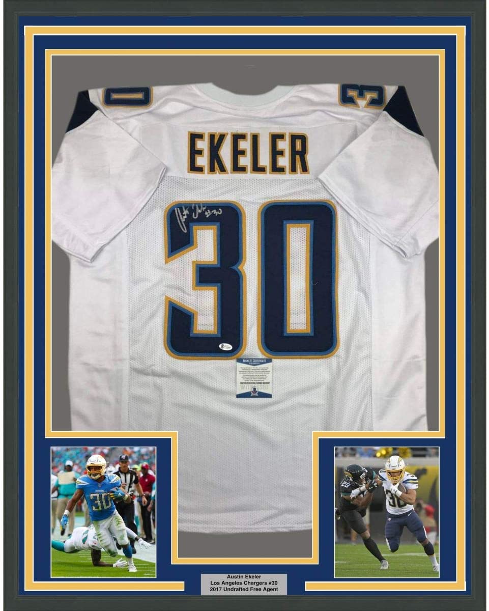 Framed Autographed/Signed Austin Ekeler 35x39 Los Angeles LA White Football Jersey Beckett BAS COA