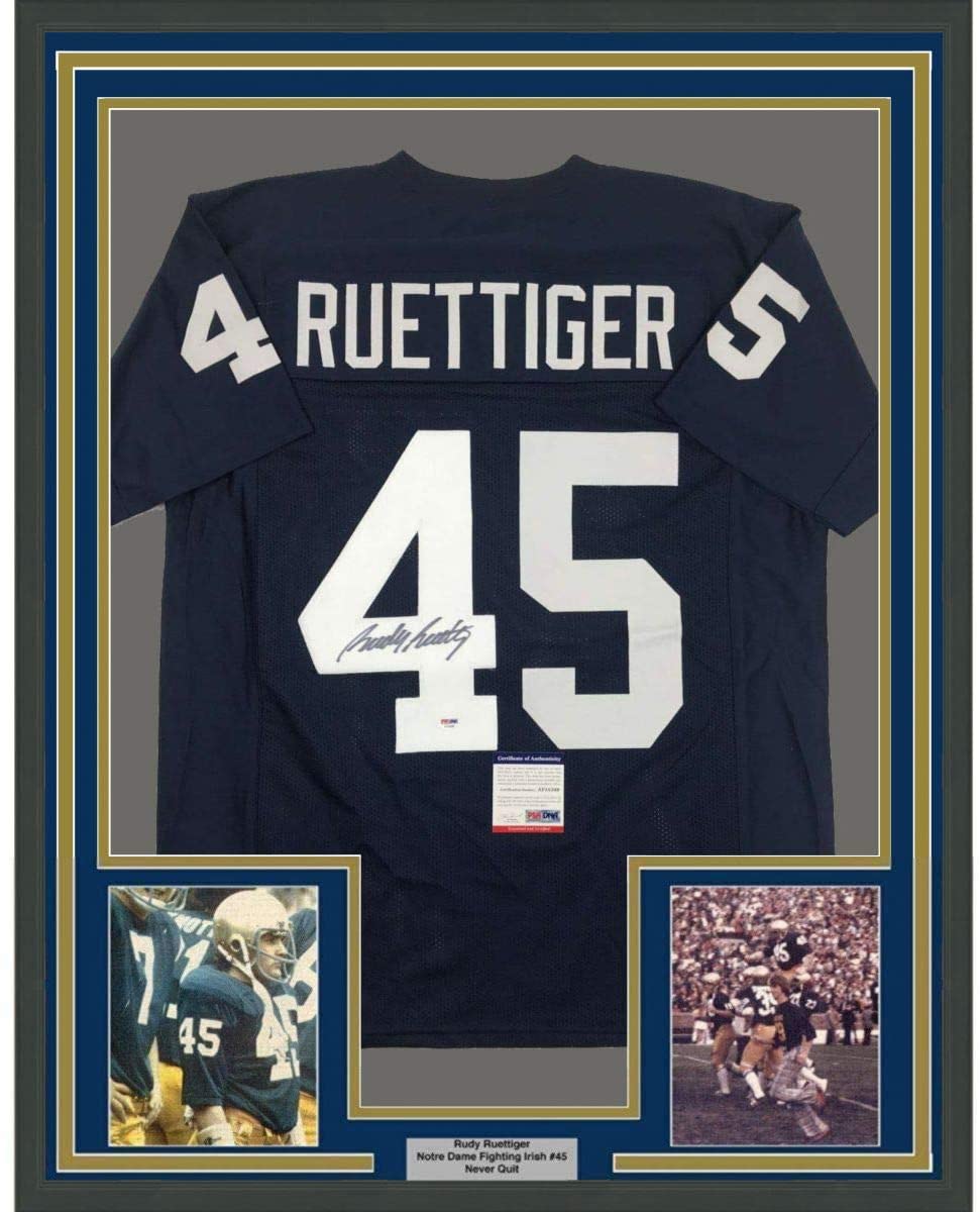 Framed Autographed/Signed Rudy Ruettiger 35x39 Notre Dame Blue College Football Jersey PSA/DNA COA