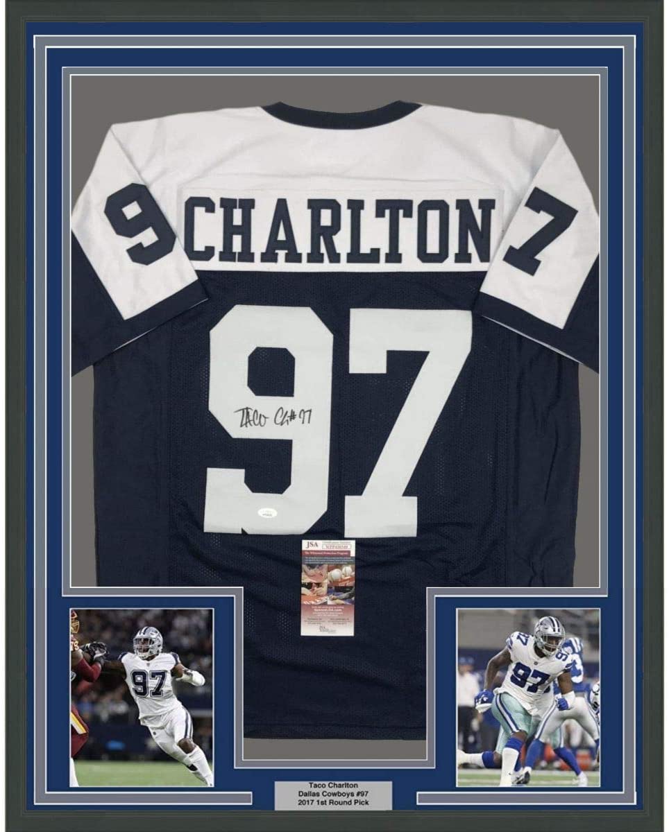 Framed Autographed/Signed Taco Charlton 35x39 Dallas Thanksgiving Day Football Jersey JSA COA