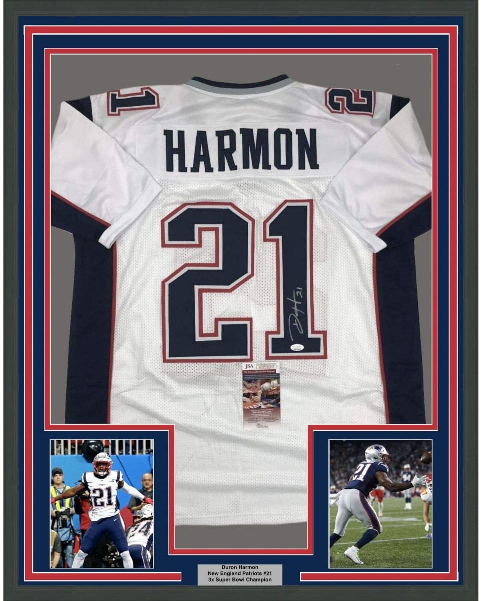 Framed Autographed/Signed Duron Harmon 35x39 New England White Football Jersey JSA COA