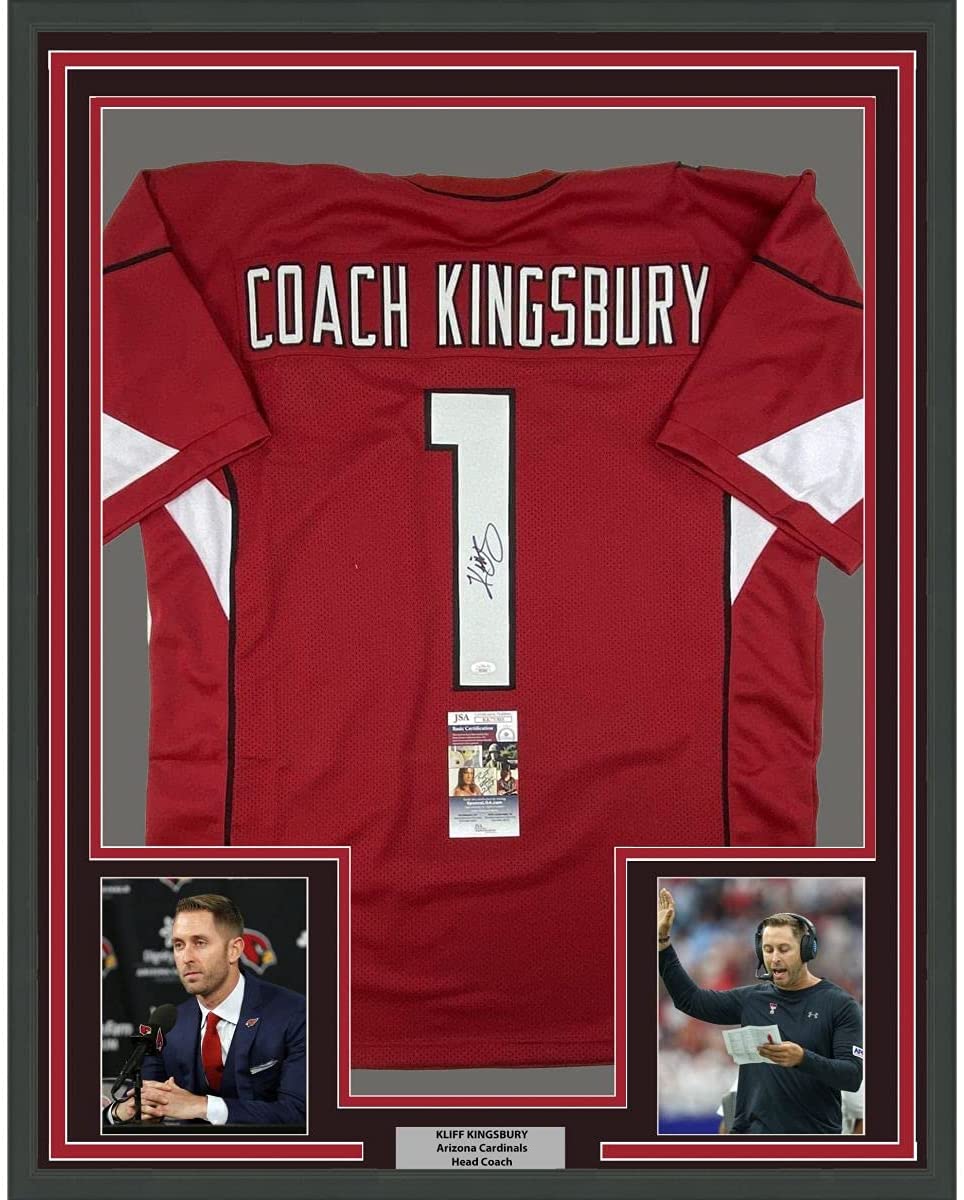 Framed Autographed/Signed Kliff Kingsbury 35x39 Head Coach Arizona Red Football Jersey JSA COA