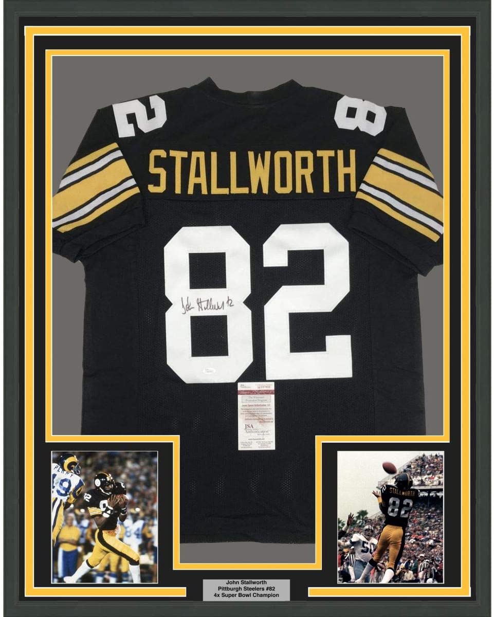 Framed Autographed/Signed John Stallworth 35x39 Pittsburgh Black Football Jersey JSA COA