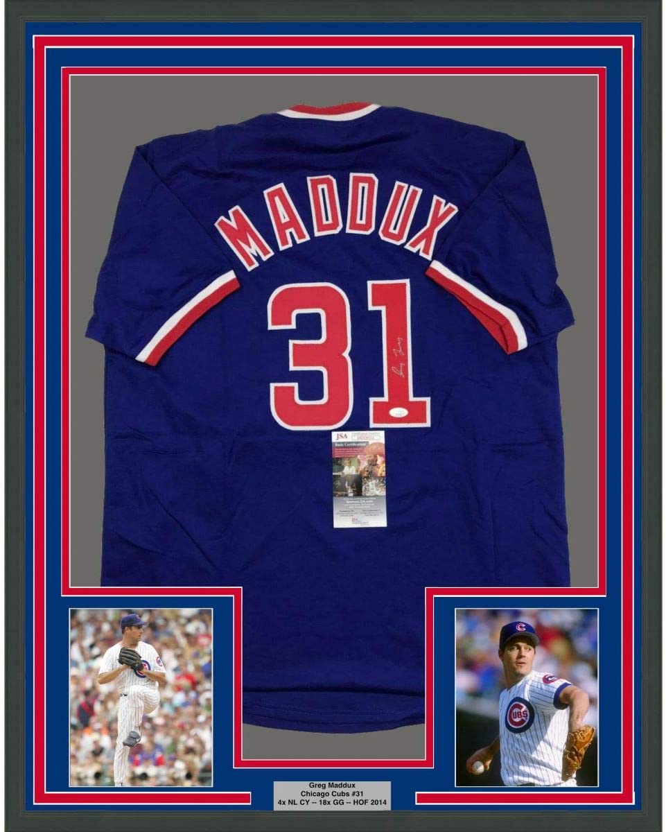 Framed Autographed/Signed Greg Maddux 35x39 Chicago Blue Baseball Jersey JSA COA