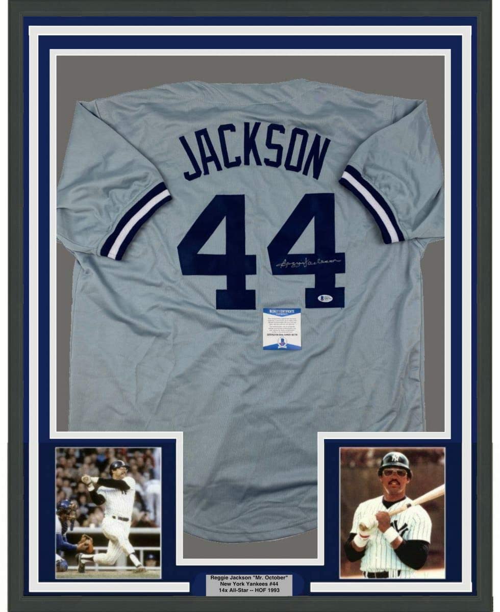 Framed Autographed/Signed Reggie Jackson 35x39 New York Grey Baseball Jersey Beckett BAS COA