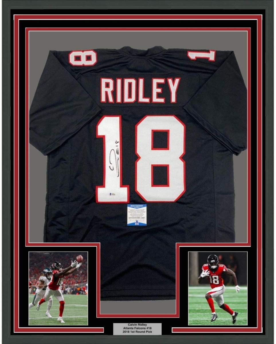 Framed Autographed/Signed Calvin Ridley 35x39 Atlanta Retro Black Football Jersey Beckett BAS COA