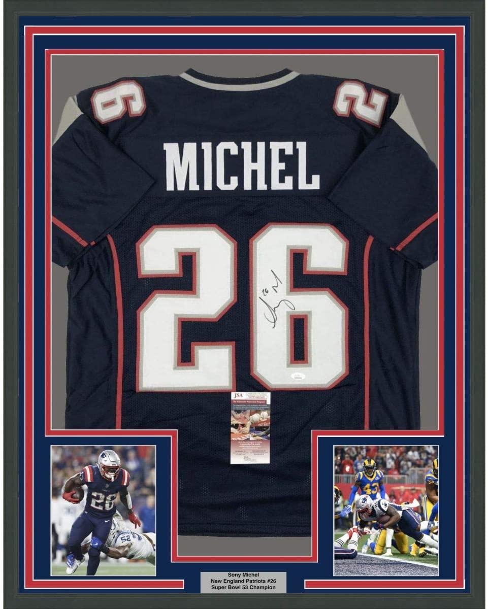 Framed Autographed/Signed Sony Michel 35x39 New England Blue Football Jersey JSA COA