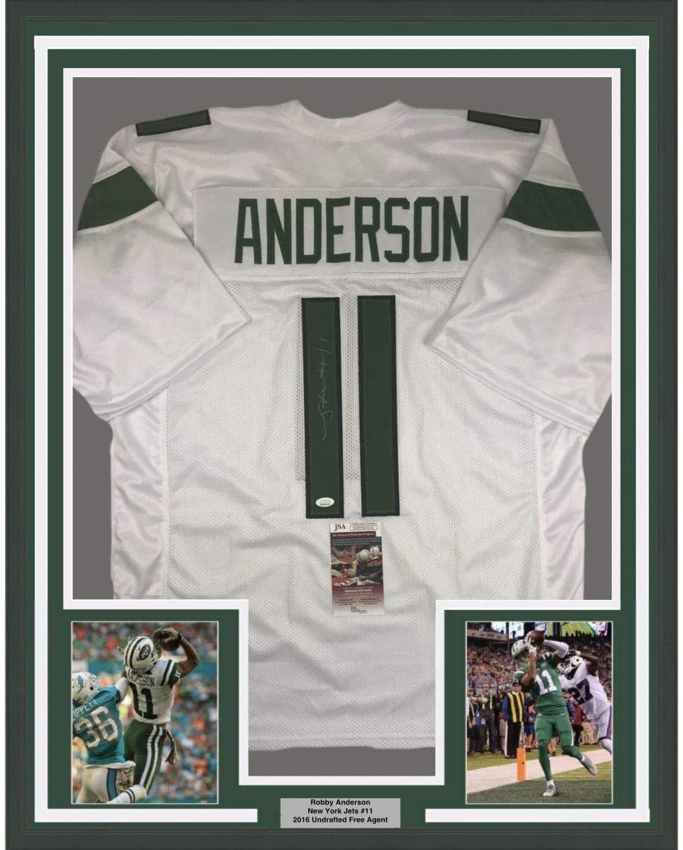 Framed Autographed/Signed Robby Anderson 35x39 New York 2019 White Football Jersey JSA COA