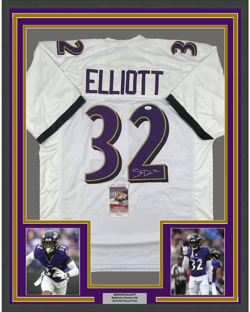 Framed Autographed/Signed DeShon Elliott 35x39 Baltimore White Football Jersey JSA COA