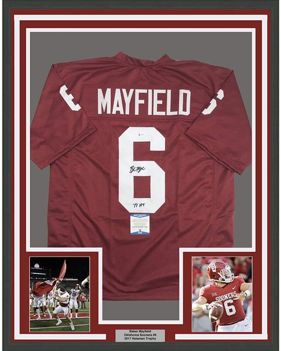 Framed Autographed/Signed Baker Mayfield 17 HT 35x39 Oklahoma Sooners Crimson Red College Football Jersey JSA COA