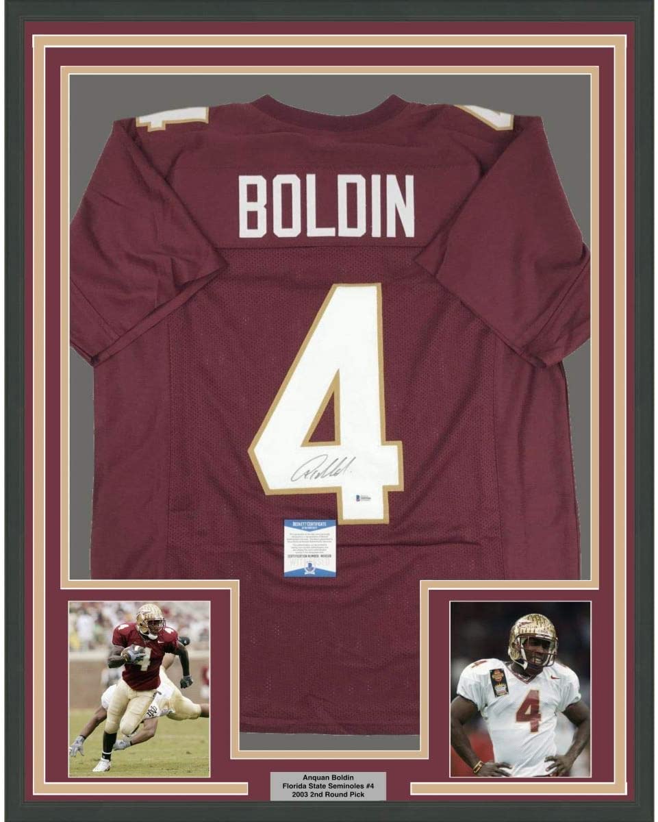 Framed Autographed/Signed Anquan Boldin 35x39 Florida State FSU Maroon College Football Jersey JSA COA