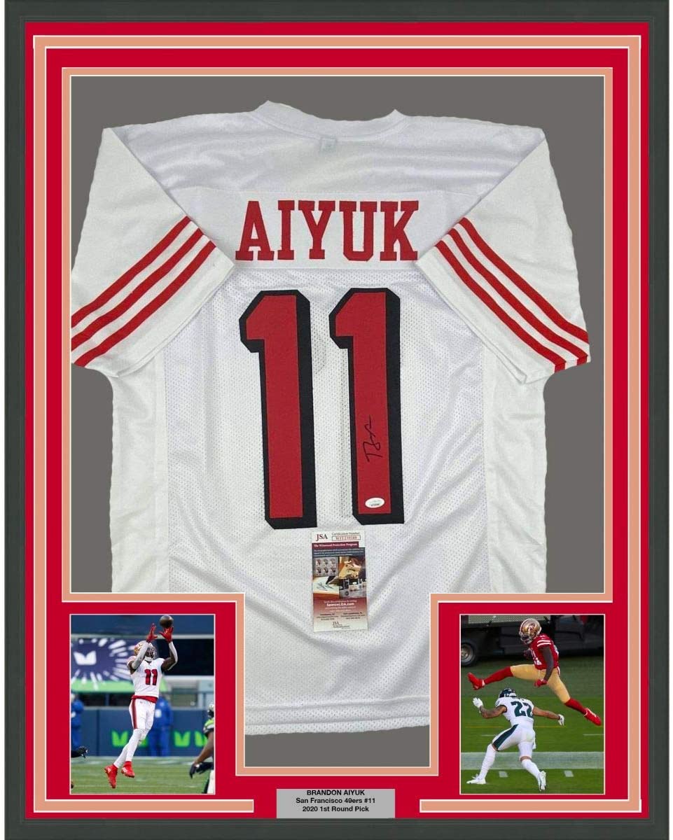 Framed Autographed/Signed Brandon Aiyuk 35x39 San Francisco White Alternate Football Jersey JSA COA