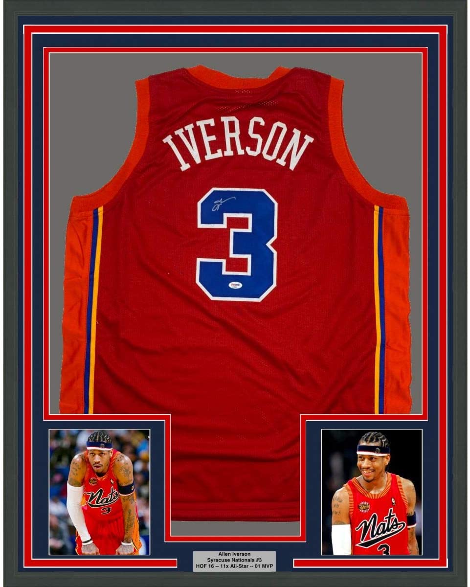 Framed Autographed/Signed Allen Iverson 35x39 Syracuse Nationals Nats Red Basketball Jersey PSA/DNA COA