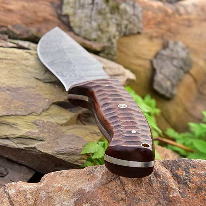 Masterpiece in Steel: 10-inch Damascus Hunting Knife with Rosewood Handle and Leather Sheath - KBS Knives Store