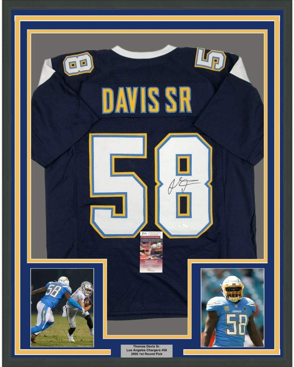 Framed Autographed/Signed Thomas Davis Sr. 35x39 Los Angeles LA Dark Blue Football Jersey JSA COA
